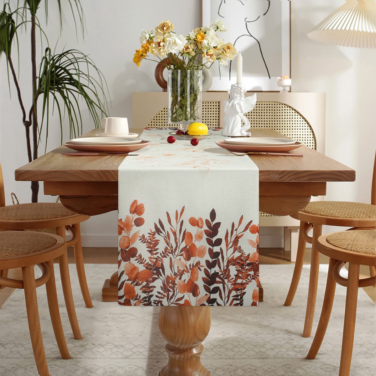 Ibenzoa® Tafelloper Eetkamer Tafelkleed Modern Herfst Loper Linnen Donkeroranje Eucalyptus Tafellinnen Mat Keuken Tafelloper Decoratie voor Halloween Bruiloft Thanksgiving Decoratie 33 x 18,3 cm