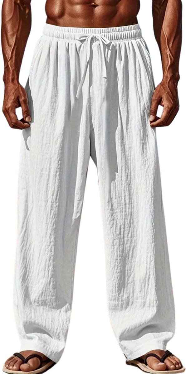 Bovista Linnen Broek Heren Zomerbroek Volwassenen Lange Broek Pantalon Strandbroek Zomer Ibiza Stijl Wit