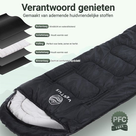 Ventus Slaapzak - Comfortzone 5 - 15 °C - 220 x 83 cm - Incl Compressiezak - Geschikt voor Volwassen en Kind - Mummy Sleeping Bag - Kamperen - Lichtgewicht - Koppelbaar 1 of 2 persoons - Zwart van Ventus — afbeelding 3