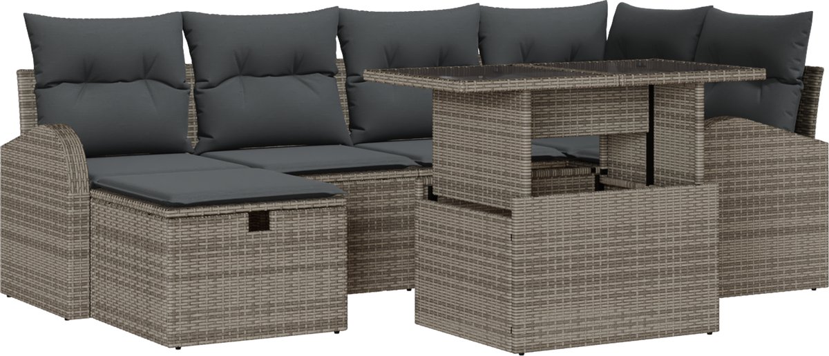 vidaXL - Tuinbank - Set - 7 - pcs - Grijs - Poly - Rattan - en - Poedergecoat - Staal