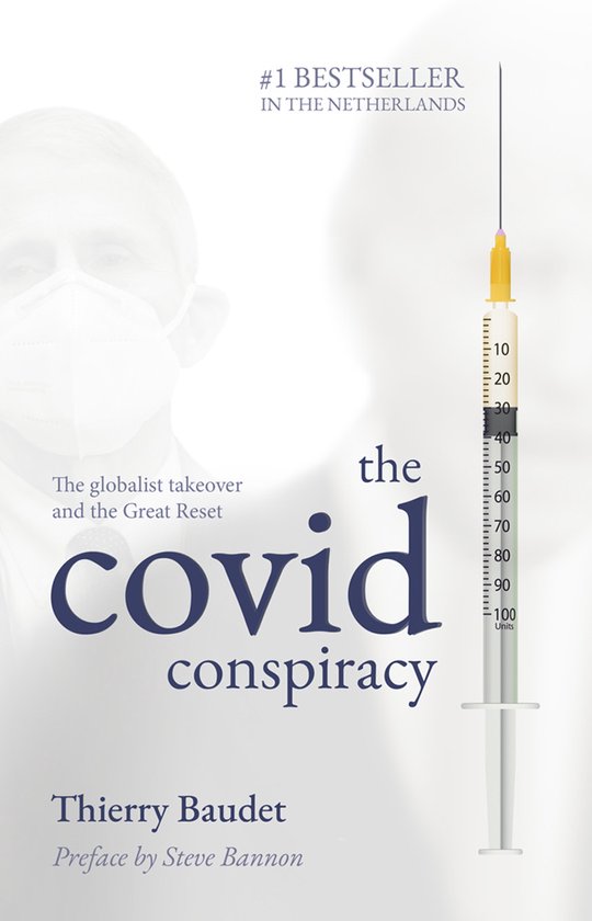 Boekomslag: "The Covid Conspiracy" met spuit. #1 bestseller.