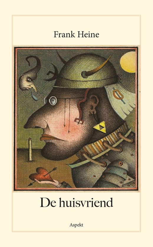 Boekomslag van 'De huisvriend' met een surrealistische illustratie van een man met een helm.