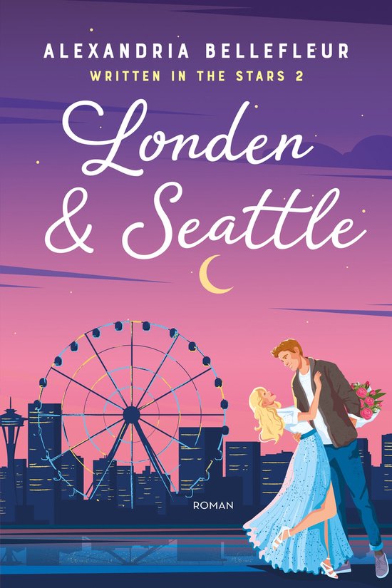 Een man en vrouw dansen, met een reuzenrad en stadsgezicht van Londen en Seattle op de achtergrond. Titel: Londen & Seattle.