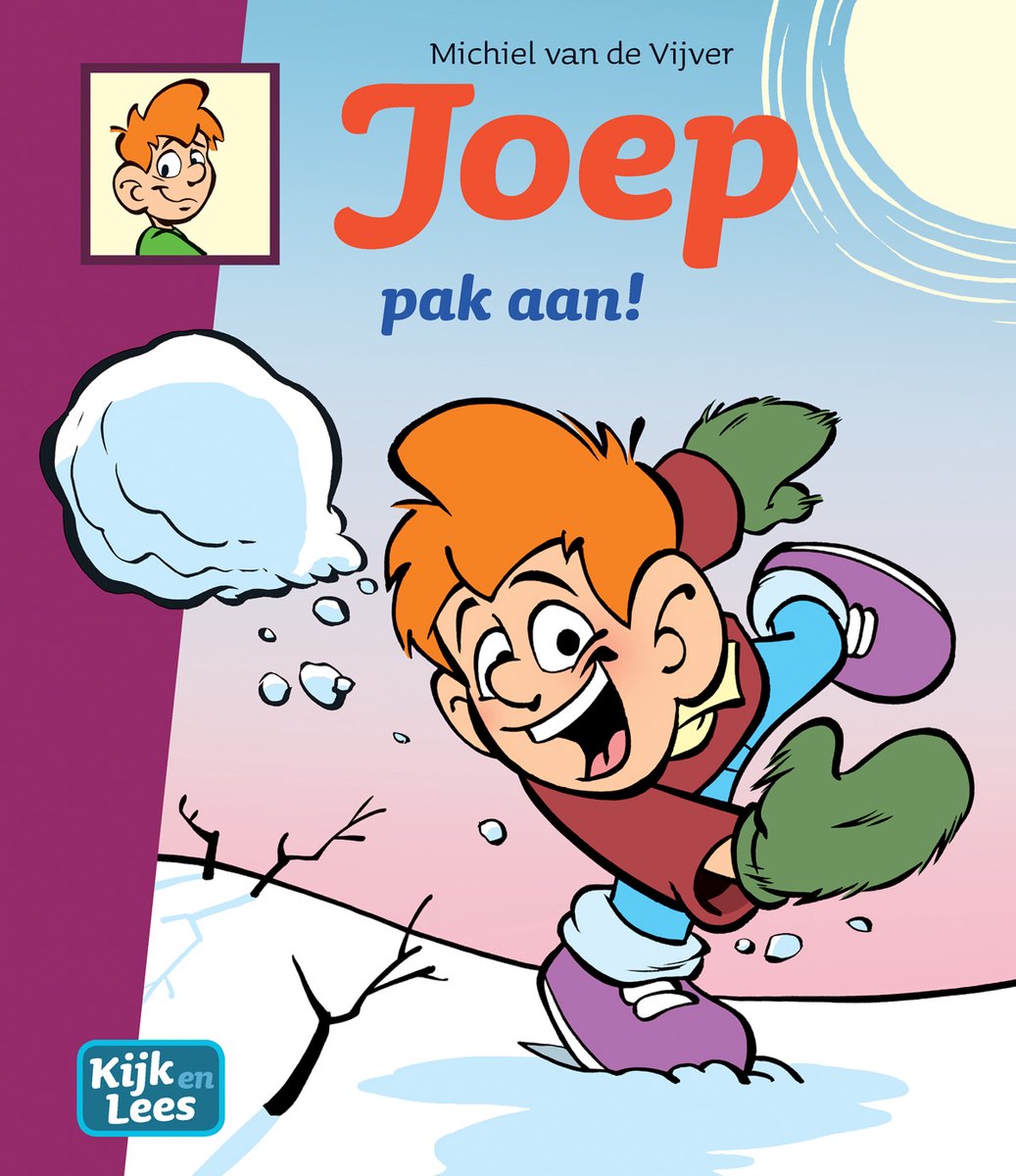 Couverture de bande dessinée de Joep pak aan avec Joep, un garçon aux cheveux orange, tombant en patins, avec une bulle de texte, titre 'Joep pak aan!'