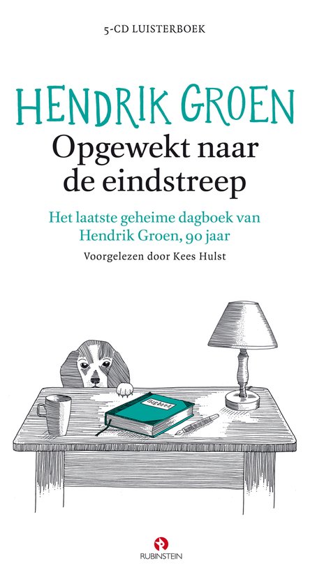 Omslag van het luisterboek 'Opgewekt naar de eindstreep' van Hendrik Groen. Een hond kijkt over een bureau waar een dagboek op ligt.