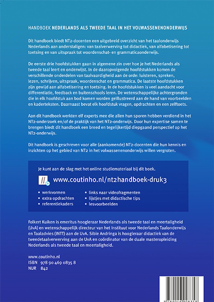 Achterkant "Handboek Nederlands als tweede taal", met informatie over de inhoud en de auteurs.