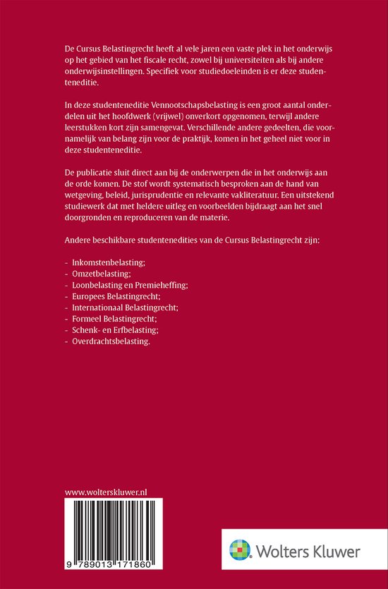 Dos de la quatrième de couverture du Cours de droit fiscal Édition étudiante, Fiscalité des sociétés, avec ISBN et logo Wolters Kluwer.