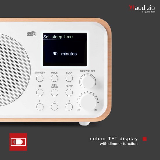 DAB radio met wit front en houten kast, display toont 'Set sleep time 90 minutes'.