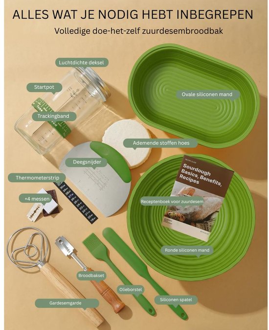 Zuurdesem Starter Set, Zuurdesem Set Bevat Banneton Gistingmand, Zuurdesem Starterpot, Broodlame, Deegschraper, Deegwisker en Silicone Brooddrager