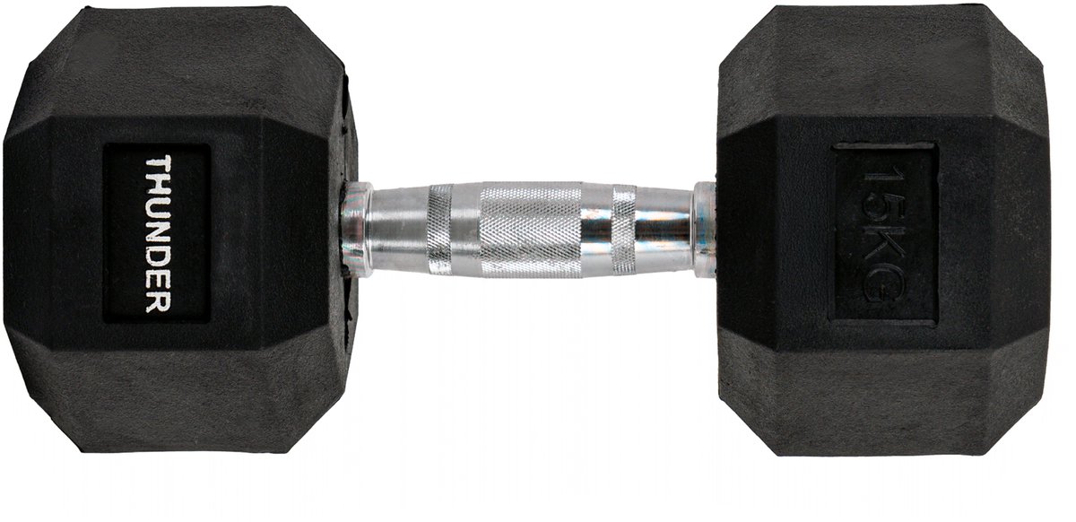 THUNDER® HEXAGONAL-DUMBBELLS-15KG Zwarte Rubberen Halter Stalen Kern Voor Krachttraining & Fitness Antislip Duurzaam & Professioneel Per Stuk - Stevige Grip – foto 4