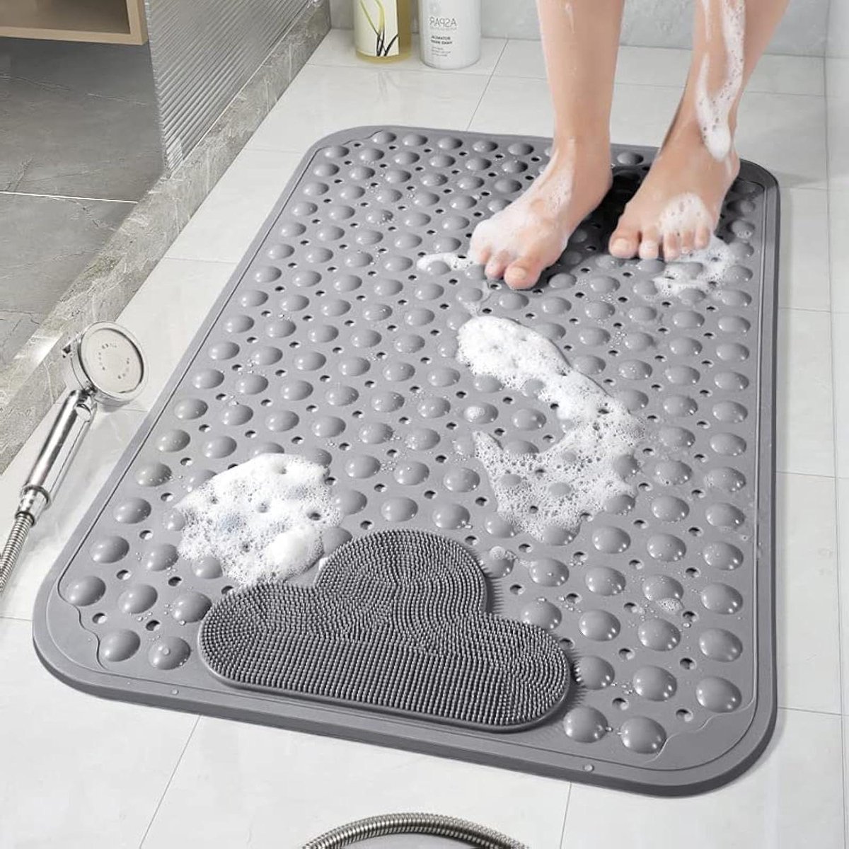 Titel: Antislip douchemat 70 x 40 cm met zuignappen en comfortabele massage, machinewasbaar - Grijs