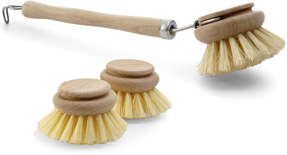 3-delige set 1x afwasborstel I 2x reservekoppen I natuurlijke vezel I hout I groot I afwasborstel keukenborstel afwasborstel schrobborstel reinigingsborstel keukenborstel