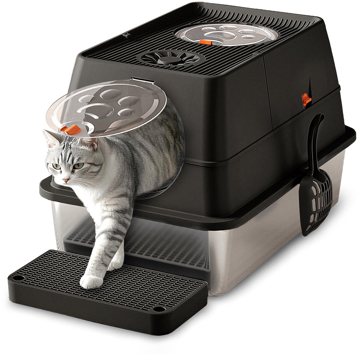 CALIYO XXL Kattenbak van RVS – 40L – 2-in-1 Open Kattenbak met Afneembaar Deksel – Inclusief Geurfilter, Schep & Gritmat – Met Gritopvang & Opstapje – Hygiënisch & Duurzaam – Voor Grote én Kleine Katten - Zwart van Caliyo