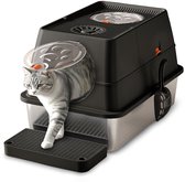 CALIYO Kattenbak XXL van RVS – 40L – Inclusief Geurfilter, Kattenbakschep & Gritmat – Hygiënisch & Duurzaam – Gritopvang Opstapje - 2 in 1 Open Kattenbak met Afneembare Deksel - Voor Grote & Kleine Katten - Zwart