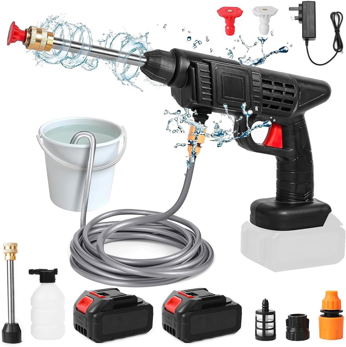 Hogedrukwaterpistool, draadloze hogedrukreiniger, 30 bar, 6000 mAh waterpistool voor autowassen thuis, elektrisch, voor autowassen, 240 l/u, slang 5 m (2 × batterijen)