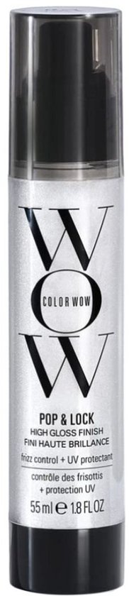 Een flesje Color Wow Pop & Lock High Gloss Finish met pomp, 55 ml, voor controle over pluis en UV-bescherming.