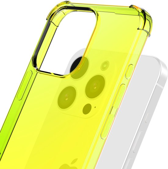 Close-up van de achterkant van een iPhone 16 Pro Max met neon geel, transparant hoesje.