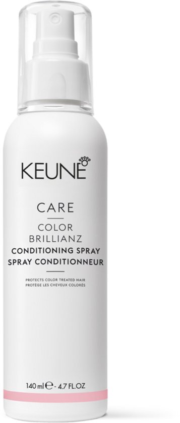 Flacon spray blanc Keune Care Color Brillianz Conditioning Spray avec bouchon transparent et touche rose.
