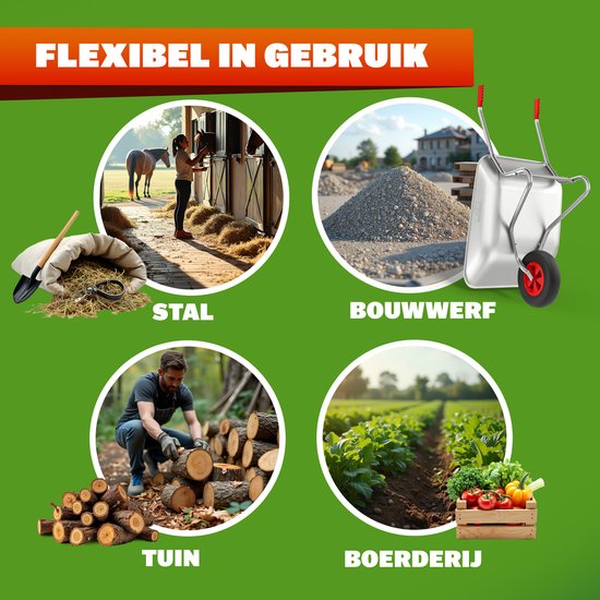 Zilveren kruiwagen met rode handvatten, ideaal voor stal, bouwplaats, tuin en boerderij.