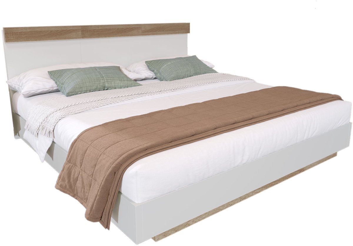 Merax Modern Tweepersoonsbed 160x200 cm met Houten Lattenbodem en Hoofdbord - Eiken Sonoma Bruin met Wit - Zwevend Bedframe