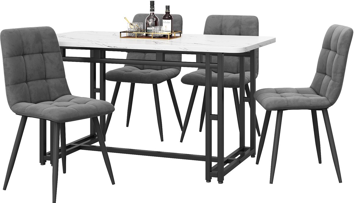 Merax Eetkamerset 120x70 cm – Wit met Zwart Keukentafel met 4 Grijze Fluwelen Eetkamerstoelen – Moderne Eettafel Set met Metalen Poten