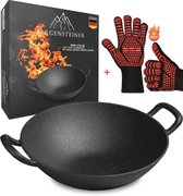 Gietijzeren Wok 36 cm - Geëmailleerd, Voor Inductie en Gasgrill, Inclusief Barbecuehandschoenen