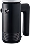 Zwarte handmixer met chromen ring en logo, horizontale groeven aan de onderkant.