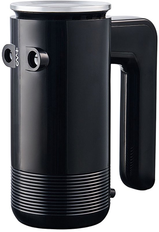 Zwarte handmixer met chromen ring en logo, horizontale groeven aan de onderkant.
