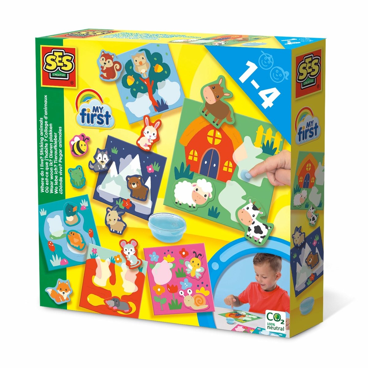 SES Creative - My First - Waar Woon Ik? Dieren Plakken - 18 Verschillende Dieren - Inclusief Vingerlijm - educatief speelgoed - 1 tot 4 jaar
