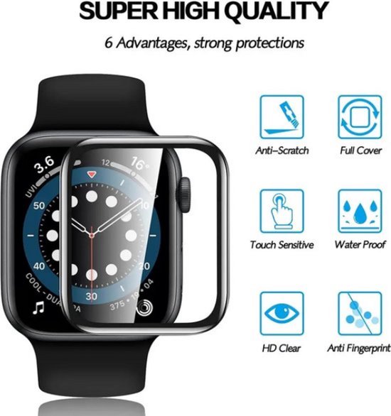 Een zwarte Apple Watch met een screenprotector geplaatst. Rechts staan iconen voor anti-kras, volledige dekking, touch-gevoelig, waterdicht, HD helder en anti-vingerafdruk.