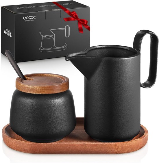 Service à lait et sucre - Pot à lait et sucrier en céramique avec plateau en bois