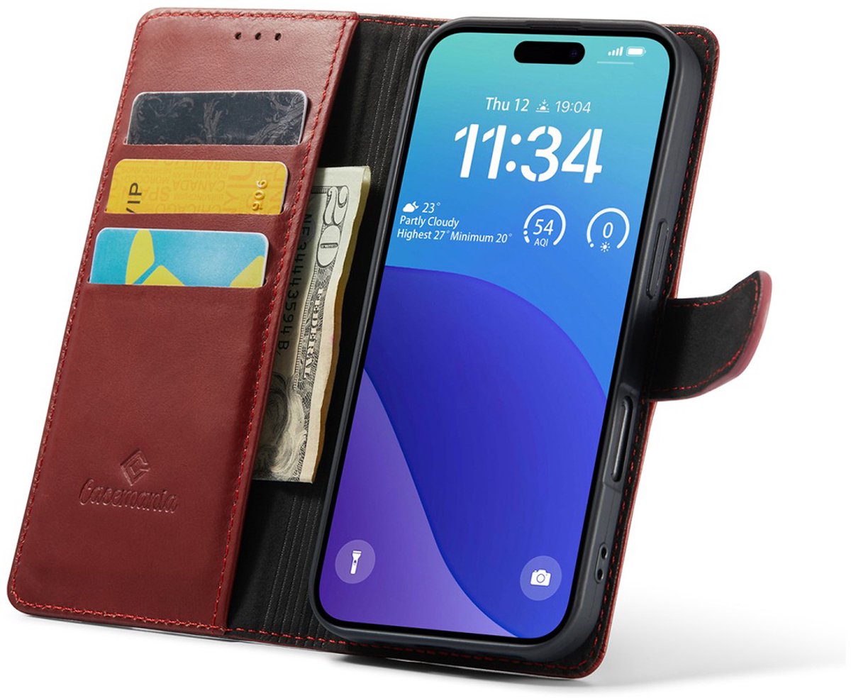 CaseMania Bookcase hoesje geschikt voor iPhone 16 Pro Max - Effen Rood - Echt Leer