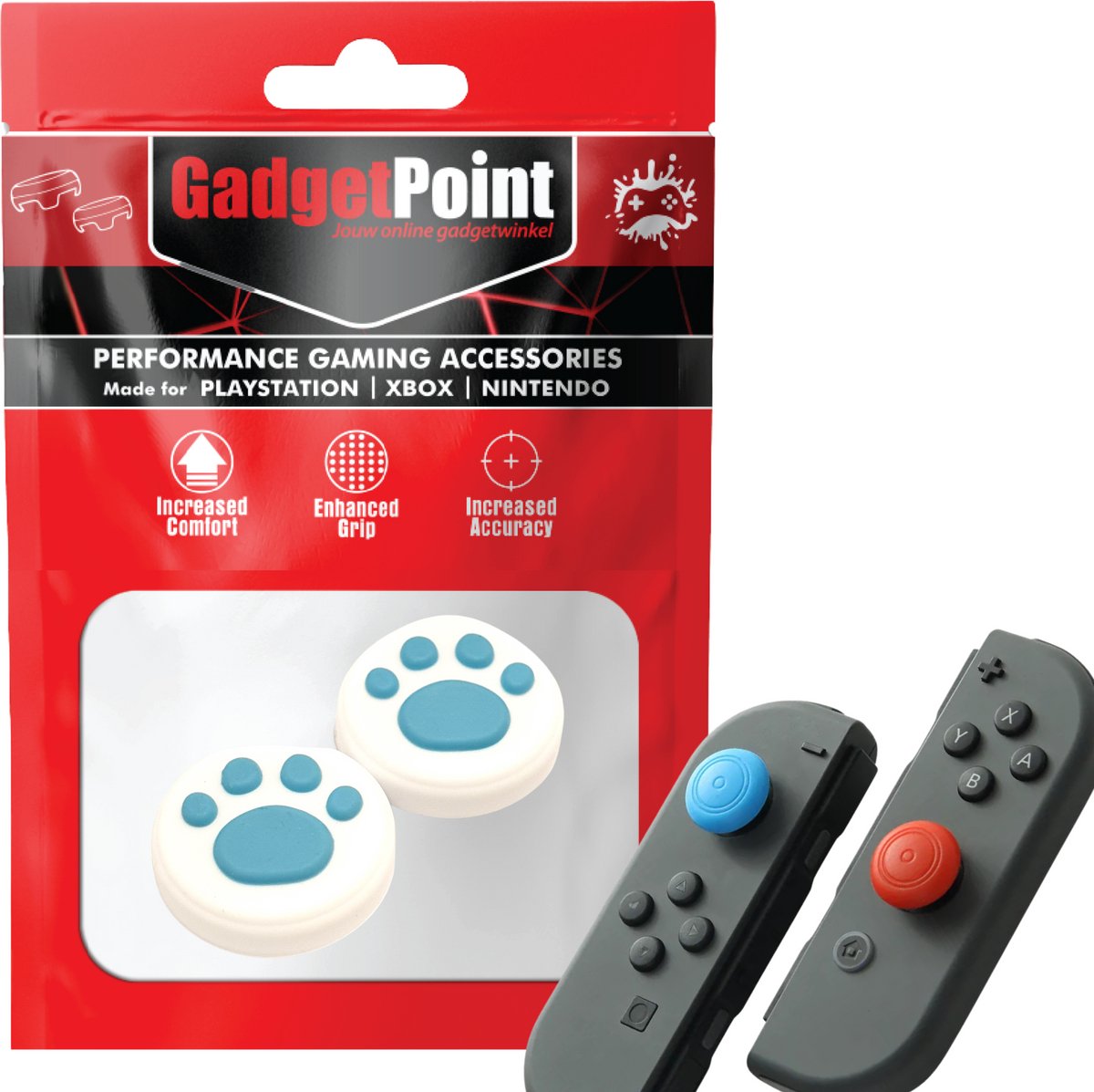 Gadgetpoint | Gaming Thumb Grips | Performance Thumbsticks | Accessoires geschikt voor Nintendo Switch Joy-Con Controller(s) | Thumbgrips | Pootjes Wit met Blauw