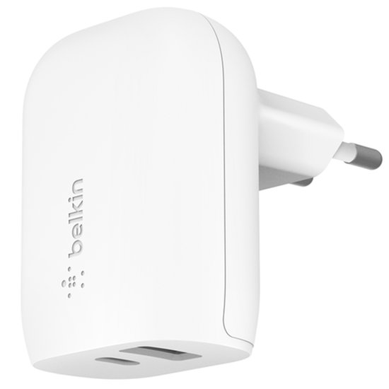 Chargeur double USB-C Belkin blanc avec prise pliable, vue de côté