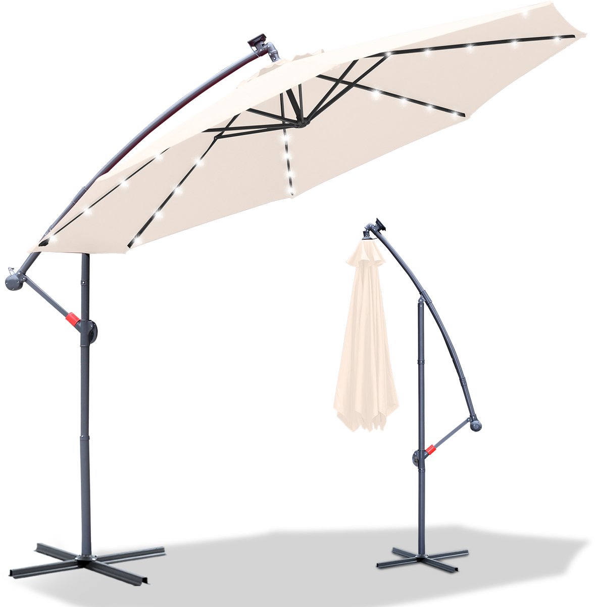 Parasol met Standaard 300 cm - Zweefparasol met LED-verlichting en zwengelsysteem in beige - Ideaal voor balkons, tuinen en terrassen.