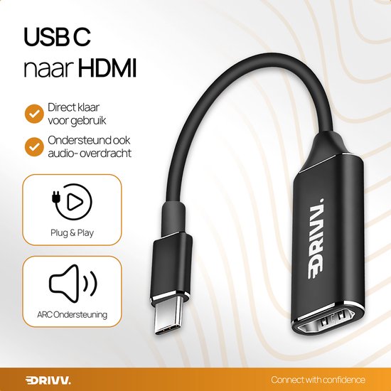 DRIVV. USB C naar HDMI adapter met Plug & Play en ARC ondersteuning voor audio-overdracht.