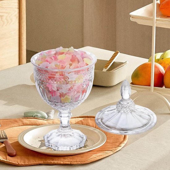 Angoily Snoepschaal met glazen voet en deksel, transparante snoepschalen, kristal, snoepglas, koekjesdoos, decoratief apothekersglas, voor buffet, feest, thuis, kantoor