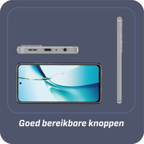 Drie aanzichten van een transparant hoesje voor de OnePlus Nord CE4 Lite, met de nadruk op de knoppen.