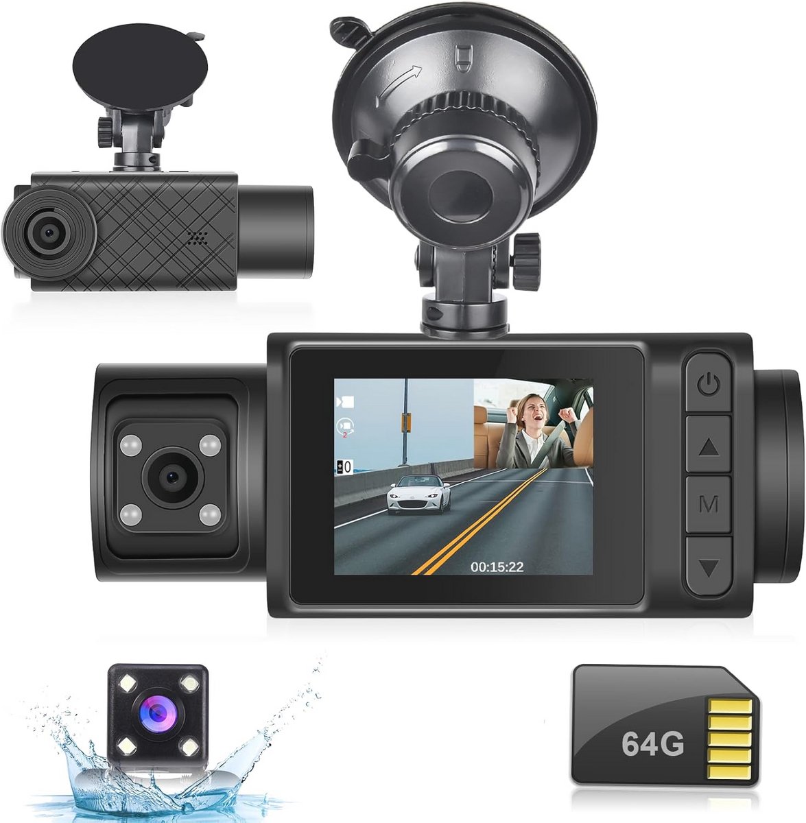 Dashcam 3 kanalen met 1296P video, IR-nachtzicht, G-sensor en parkeermonitor voor auto
