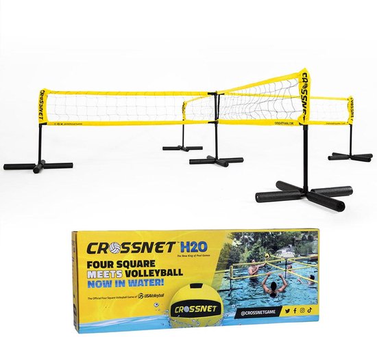 Crossnet H2O Four Square Volleyball set, met gele palen en net, in een doos met een afbeelding van mensen die het spel spelen in een zwembad.