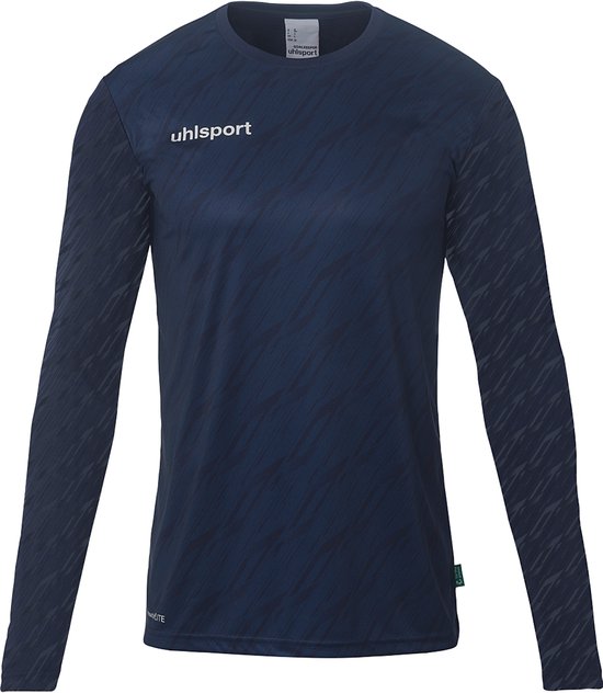 Donkerblauw Uhlsport keepersshirt met patronen op de mouwen.