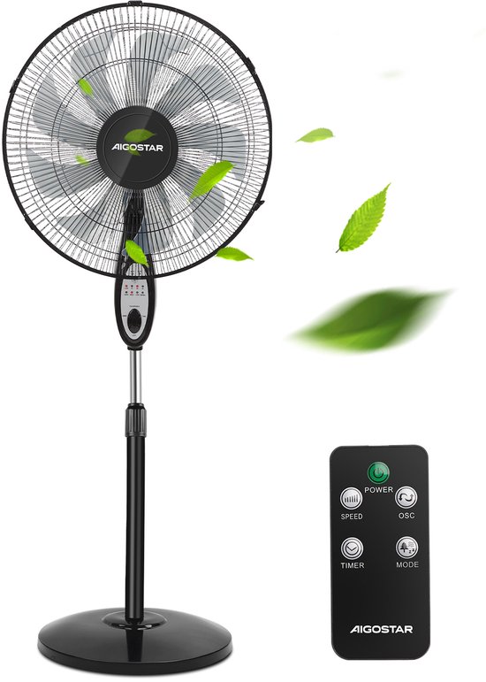 Aigostar Carr - Ventilator Staand - Statiefventilator - 9 bladen - Afstandsbediening - Ø 41cm - 60W - Staande Ventilator - Zwart