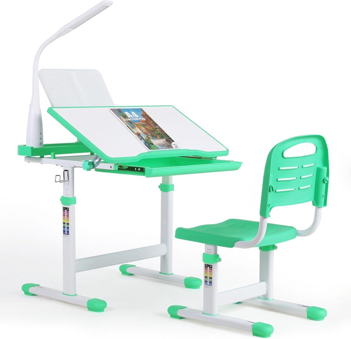 Verstelbaar Kinderbureau met Stoel en Leeslamp - Multifunctioneel Schoolbureau in Groen