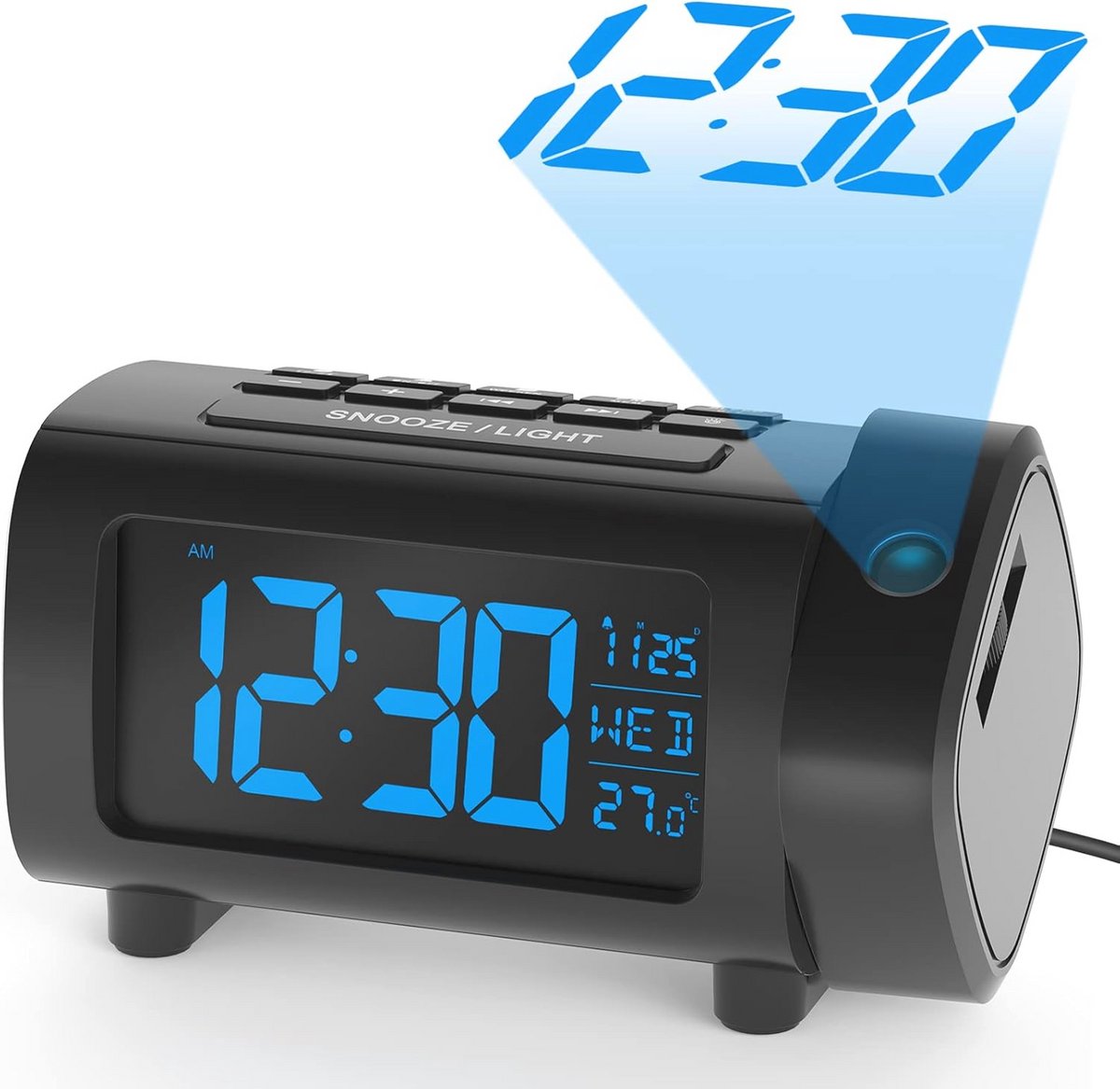 Projectiewekker met 180° projectie en groot VA-display - Digitale klok met FM-radio, USB-oplader en sluimerfunctie
