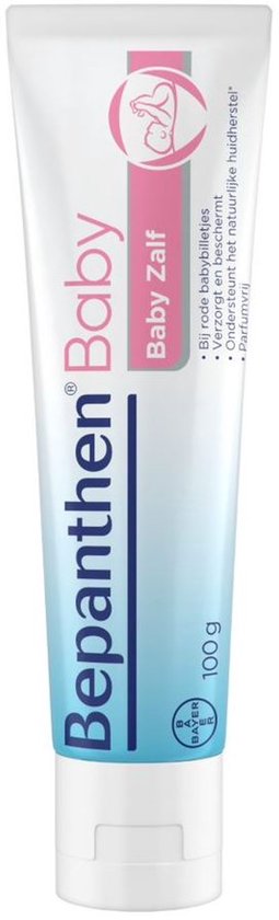 Tube Bepanthen Baby Zalf met blauwe en roze accenten.