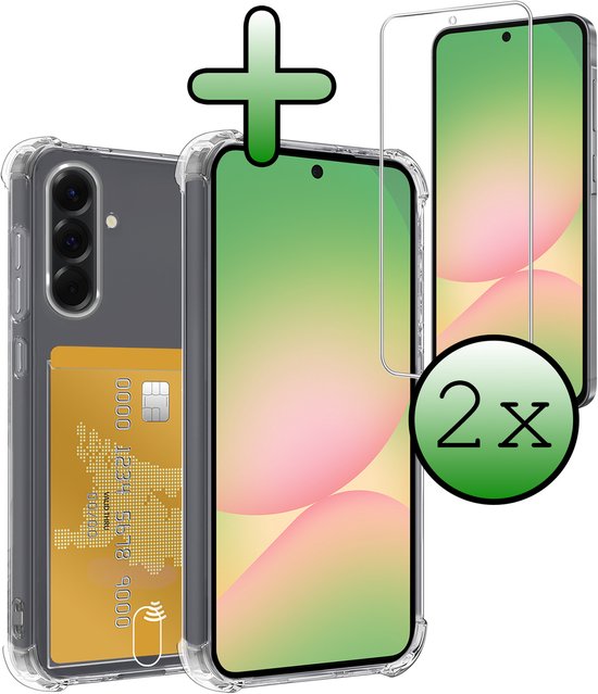 Coque transparente avec porte-cartes et deux protections d'écran, avec une icône plus.