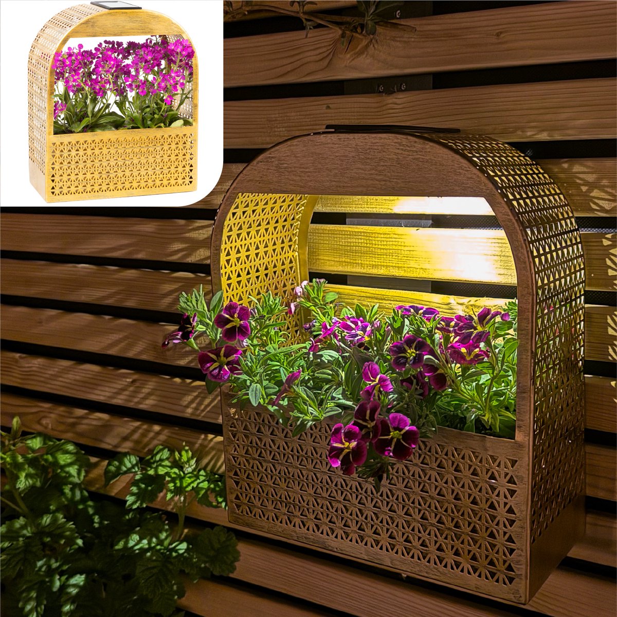 Gadgy Solar Wandlamp met Uitneembare Bloembak – Tuinverlichting op Zonneenergie – Warm Wit LED – 30x25 cm – Goud Metaal