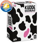 De doos van het spel Kuddegedrag met koeienvacht print, winnaar sticker en logo's.
