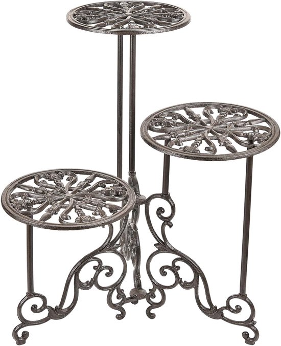 Foto: Zwarte 3 laags gietijzeren plantenstandaard voor binnen en buiten vintage opvouwbaar metalen plantenrek van 60 cm