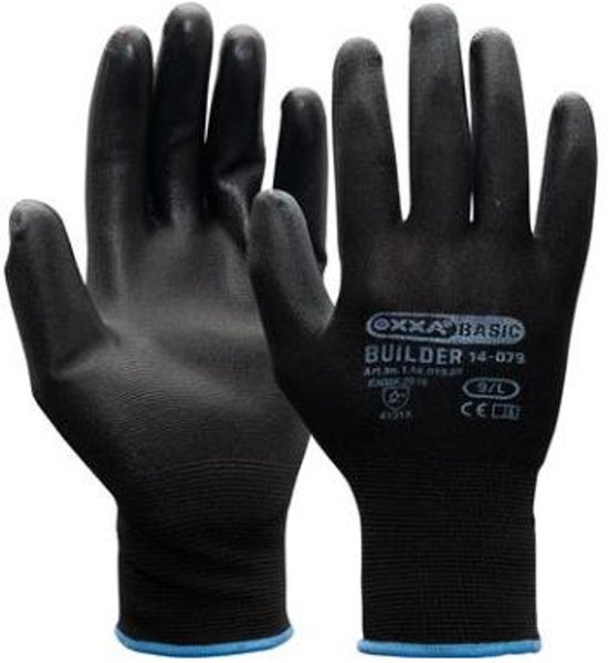 Zwarte OXXA Builder handschoenen met blauwe rand. Gemaakt van nylon.
